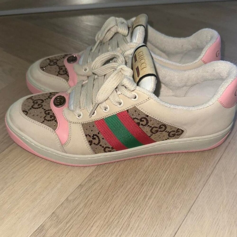 Gucci Beige and Pink Signature Sneakers